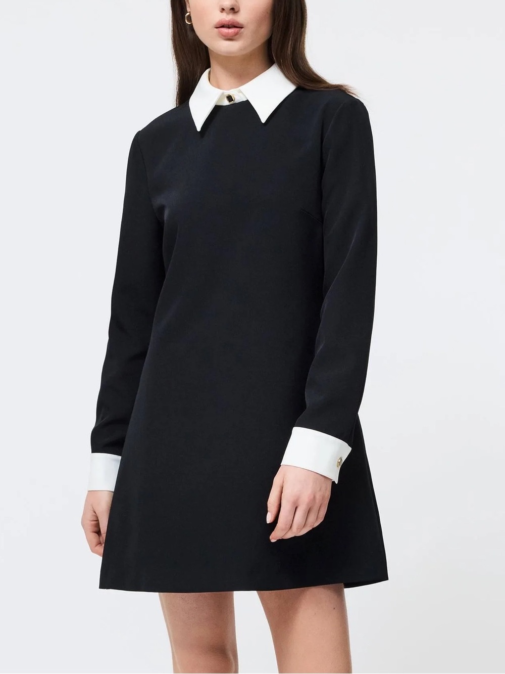 French Connection Black A-Line Long Sleeve Dress with White Collar & Cuffs